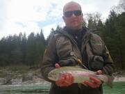 Rainbow trout and Sasa, April fly fishing Slovenia 2019, Soca r